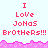 Pixelated text reads "I Love Jonas Brothers!!!" in red on light blue background with pink wave border, repeated across two