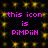 Pixelated text reads 'this icon is PimPiiN' in bright pink on a black background with yellow star-like patterns.