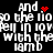 Pixelated text repeats 'and so the lion fell in love with the lamb' across four quadrants, each containing a red heart or star symbol.