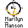 A 4x4 contact sheet of animated frames showing a yellow stick figure character with dark hair performing various actions around the text "Marilyn Manson" on a gray background.