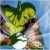 Pixelated figure with green hair and yellow aura against blue background, wearing dark clothing with white accents.