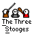 Pixel art of three cartoon figures with white faces, brown bodies, and gray torsos holding sticks, with text below reading "The Three Stooges" on a gray background.