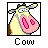 Pixelated cartoon cow icon with pink udders, yellow body, and black-and-white facial features inside a black border frame.
