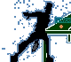 Pixelated silhouette of a figure playing table tennis with dynamic motion , set against a light gray background