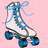Pixelated icon of a white roller skate with blue accents and wheels on pink background.