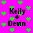 Pixelated text 'Kelly + Devin' on bright pink background with green heart shapes, animated as hearts shift positions across frames.