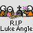 Pixelated cartoon character in orange shirt with white face, crying at tombstone while holding pink flowers; text reads 'R.I.P Luke Angle' below.