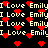 Pixelated text and red hearts repeat across a black background in a static pattern with no visible animation changes.