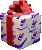 Six views of a gift box with red ribbon and bow, wrapped in white paper with blue and red patterns, displayed in a