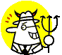 A cartoon devil in a fedora and suit holds a pitchfork, with red motion lines on its left side against a yellow circular background.