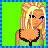 Pixel art contact sheet showing five frames of an animated buddy icon featuring a blonde female character with green top, black belt, and white pants against bright green background.