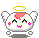 Pixelated angel character with white wings, yellow halo, pink cheeks, and red hair patch in various expressions including closed eyes, open mouth, and smiling.
