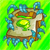 Animated contact sheet of a mutant toast icon with blue tentacle-like appendages and green glowing center on bright green background.