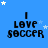 Blue background with white stars and black text reading "I LOVE SOCCER" in pixelated font, arranged in a of
