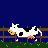 Pixel art animation of cows in a fenced field with hay bales, showing sequential changes to the background and cow positions.
