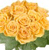 A static pixelated image of a bouquet of yellow-orange roses with green leaves against a white background.