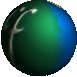 A spherical globe with green and blue hemispheres and yellow landmasses rotates through multiple views, displaying white stylized 'f' symbols on the green hemisphere.