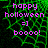 Green spiderweb background with pink text reading 'happy halloween =] boooo!' in pixelated font, displayed across multiple