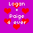 Pixelated icon with purple background, red hearts, and white text reading 'Logan + Paige 4 ever' repeated in a pattern