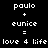Pixelated text-based animation showing 'paulo' and 'eunice' combinations with red highlight changes across frames, resulting in 'love 4 life' output.