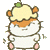 Pixelated cartoon hamster with orange-brown head stripe, white body, pink feet, and apple on head, shown in two side-by-side poses with slight movement.