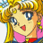 Pixelated anime-style character with blonde hair and blue eyes, wearing a pink collar over red clothing against dark green background.
