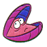 A cartoon clam with pink and purple shell, blue interior, wide eyes, and a slight smile on gray background.