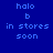 Blue background with pixelated text 'halo b in stores soon' repeated across three , where one 's text is highlighted by a purple rectangular overlay