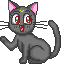 Pixelated gray cat with pink inner ears and yellow crescent on forehead, in five distinct poses showing varied tail positions and eye expressions.