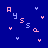 Blue background with scattered pink and light blue pixelated letters 'A', 'Y', 'S', 'S', 'Q' in various orientations.