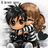 Two pixelated anime-style characters embrace, one with black spiky hair and the other with brown ponytail, both wearing checkered shirts.