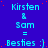 Blue background with cyan text reading "Kirsten & Sam = Besties :)" repeated in a pattern, featuring scattered red dots and one gray square