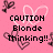 Pink background with pixelated heart outlines and black text reading "CAUTION Blonde Thinking!!" in a retro digital style.