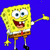 Yellow sponge character with square body, white shirt, red tie, brown shorts, and black shoes, smiling with open mouth against solid blue background.