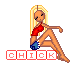 Pixel art of a blonde woman in red top and blue shoes sitting with legs crossed, text "CHICK" below.