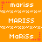 Pixelated orange background with white text 'mariss' in various cases and pink star-like symbols, arranged in a pattern with alternating text styles