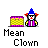 Pixel art clown with blue hat and purple striped outfit stands next to yellow cake, showing multiple states including eating and speech bubbles.