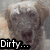 Two side-by-side pixelated dog images with text overlays: left shows a gray, shaggy dog labeled 'Dirty...', right shows a light-colored dog labeled 'But Cute!' in white block letters.