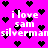 Pixelated icon with bright pink background, black heart shapes scattered throughout, and repeated white text reading "ilove sam silvermansilverman" in a glitchy style.