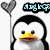 A pixelated penguin with a yellow beak and black eyes holds a heart-shaped balloon, with text above it changing color across frames.