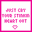 A 3x2 contact sheet of six static animated frames showing pixelated text "JUST CRY YOUR STINKIN HEART OUT" with a heart symbol, each frame in distinct border colors and text color variations.
