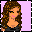 Pixel art contact sheet of a female character with long brown hair and pink lips, wearing a black top, displayed in four identical frames with a pink heart containing the name Amelia below each frame on a light purple background.
