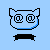 Pixelated cartoon cat head with blue outline, black banner below, and @ symbols in eyes that change from static to spiral patterns
