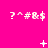 A bright pink background displays a of pixelated symbols with animated changes in the center and bottom