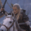A character with long blonde hair rides a white horse, then dismounts and holds a bow while standing in various outdoor settings.