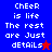 Pixelated text 'Cheer is life The rest are Just details' on blue and red backgrounds with star symbols, transitioning between color schemes.