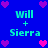 Blue background with repeated 'Will + Sierra' text in cyan, surrounded by pink and purple pixelated hearts.
