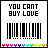 A 4x3 contact sheet of a static animated icon showing "YOU CANT BUY LOVE" text above a barcode, with rainbow heart borders and small white hearts appearing/disappearing across frames.