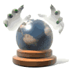 Animated sequence of a crystal ball on a wooden base with translucent hands above it, showing Earth's surface with visible continents and ocean textures.