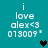 Pixelated text reads 'i love alex<3 073009' on teal background with black and dark teal heart symbols.
